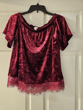 Charming Charlie Burgundy Velvet Off-Shoulder Lace Trim Top